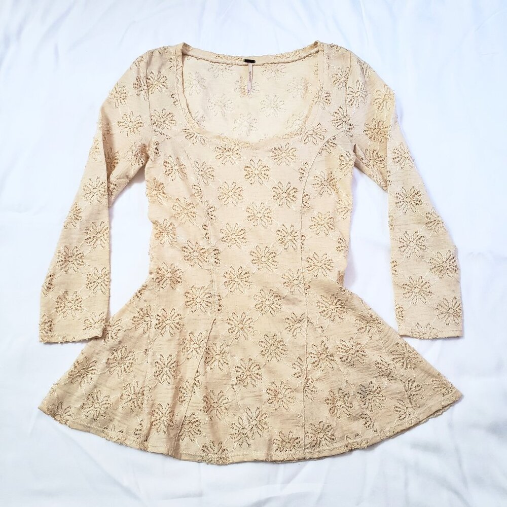 Free People Godet Daisy Lace Peplum Sheer Long Sleeve Shirt Size XS
